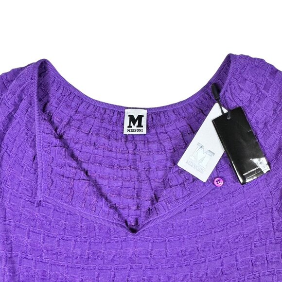 NWT MISSONI Mini Dress Sz.L Knit Purple Wool Blend Keyhole Bell Sleeve 70s Boho - Picture 6 of 15
